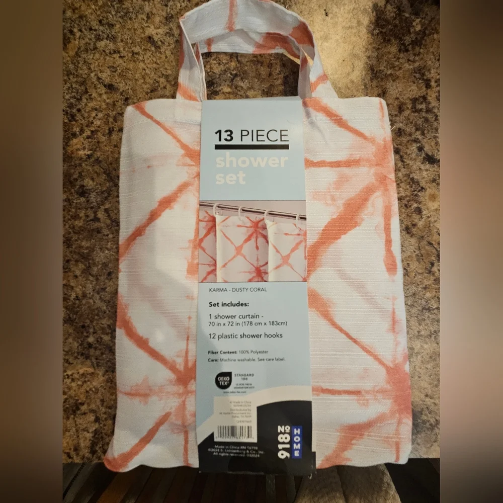 Coral Peach And White Shower Curtain Set With Hooks
